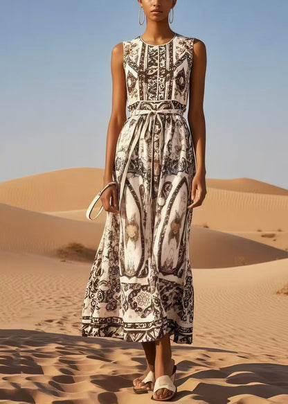 Fashion Brown Tie Waist Print Cotton Long Dress Summer