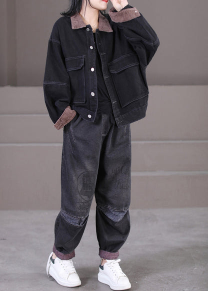 Fashion Black Peter Pan Collar Corduroy Patchwork Button Denim Coats Fall