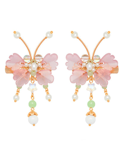 Cute Pink Copper Alloy Pearl Butterfly Tassel Kids A Pair Hairpin