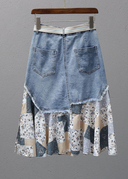 Fashion Denim Blue Print Patchwork High Waist Maxi Skirt Summer