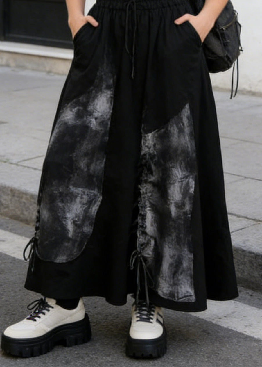 Casual Black Pockets Print Drawstring Cotton Skirt Summer
