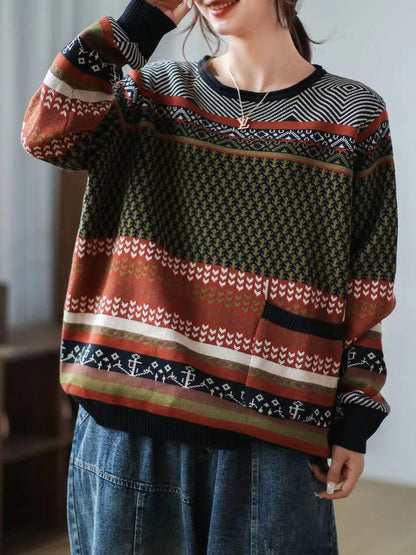 Women Autumn Spliced Casual Loose Sweater