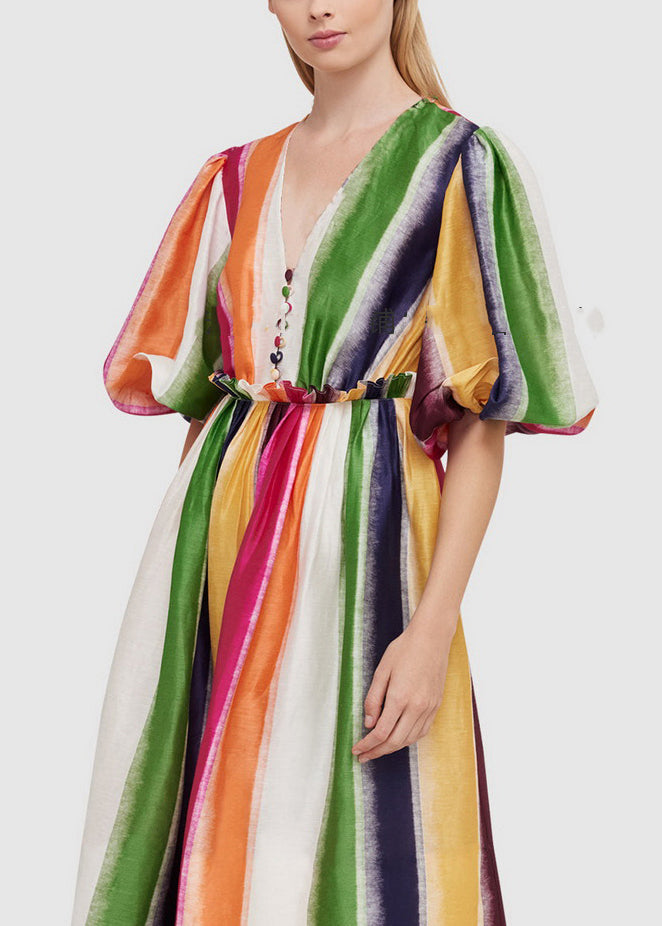 Elegant Rainbow V Neck High Waist Cotton Long Dress Summer