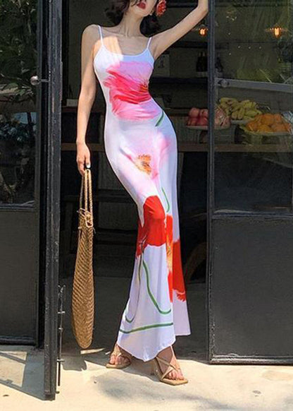 Women White Print Silk Maxi Spaghetti Strap Dress Sleeveless