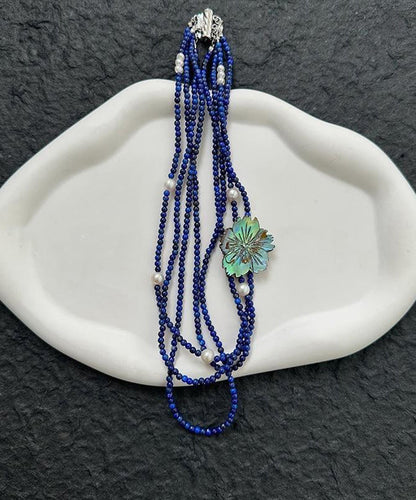 Chic Blue Alloy Pearl Beading Floral Layered Gratuated Bead Necklace