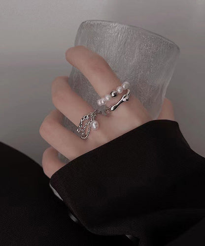 Fine Metal Pearl Tassel Rings Two-Piece Set