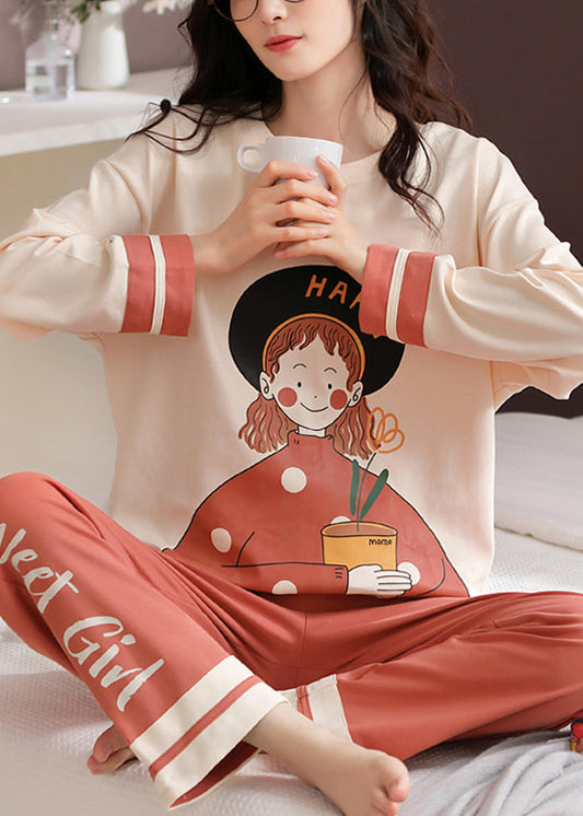 Women Beige Print T Ahirt And Orange Pants Cotton Pajamas Two Pieces Set Fall