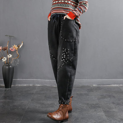 Autumn Winter Retro Floral Plush Resilient Cotton Jeans