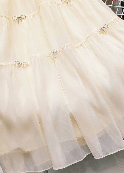 Casual Green Wrinkled Patchwork Bow Zircon Tulle Skirt Summer