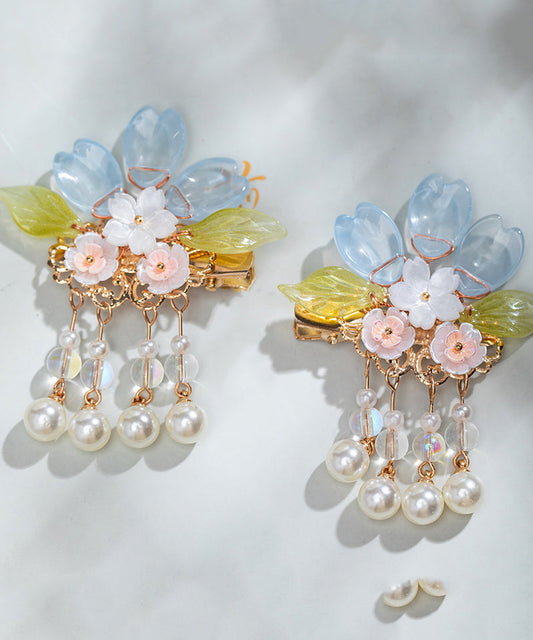 DIY Colorblock Copper Alloy Pearl Colored Glaze Floral Tassel Girls A Pair Hairpin