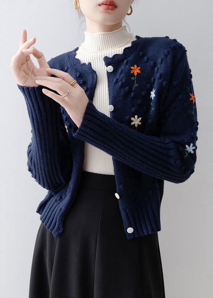 Boho Navy Embroidered Fuzzy Ball Decorated Knit Jacket Winter