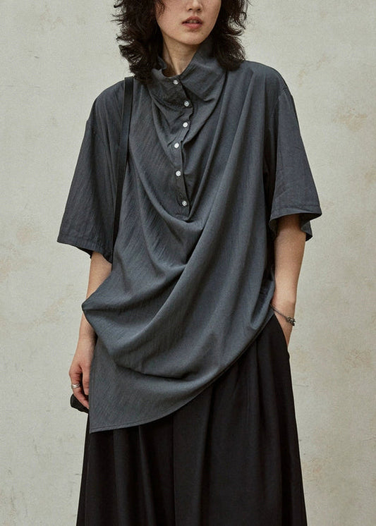 Grey Button Side Open Cotton Blouse Stand Collar Summer