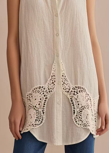 Women White Peter Pan Collar Patchwork Linen Shirts Sleeveless