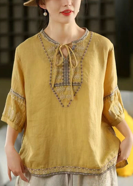Casual Yellow Embroidered Tie Neck Linen Blouses Half Sleeve