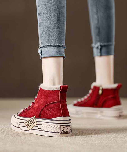 Casual Splicing Platform Flats Red Cowhide Leather Fuzzy Wool Lined
