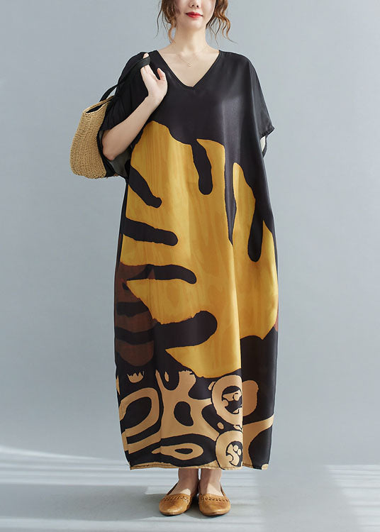 Plus size Loose Black V Neck Oversized Leaf Print Chiffon Long Dress Short Sleeve