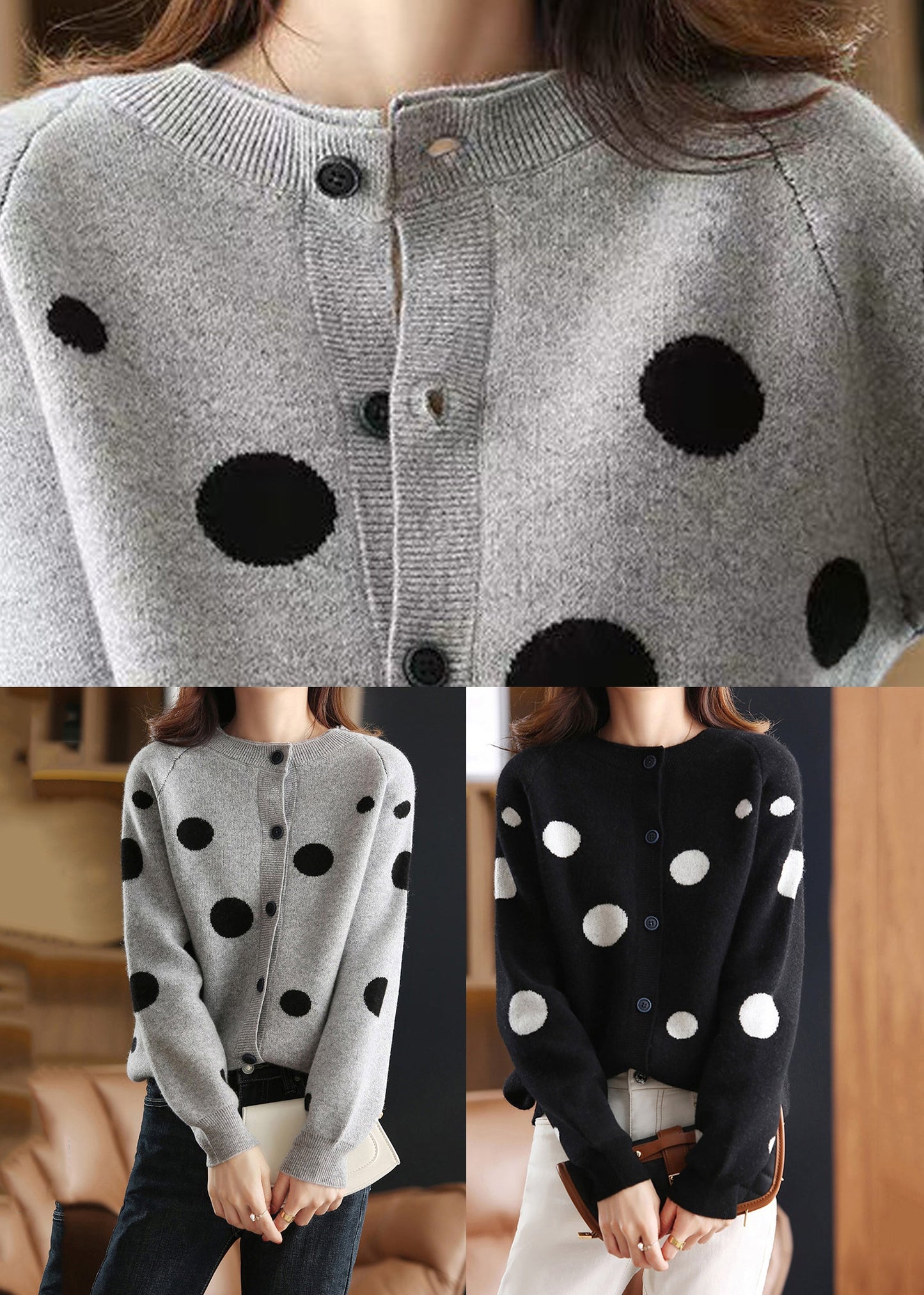 Grey O-Neck Patchwork Cotton Knit Cardigans Lantern Sleeve