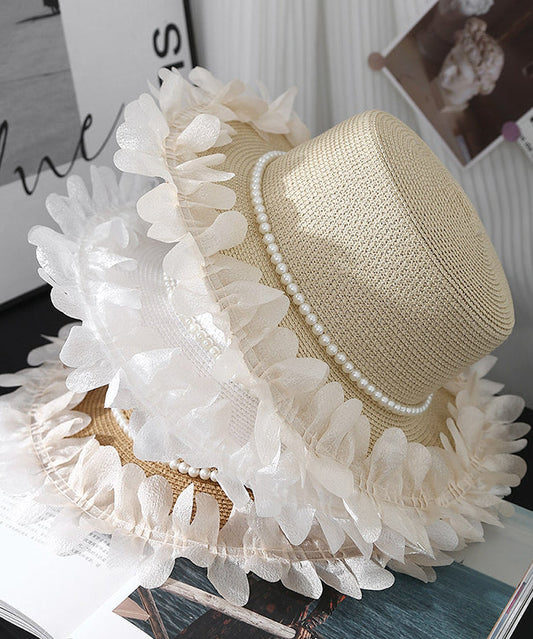 Japanese Style Elegant Beige Pearl Lace Petal Straw Hat