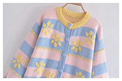 Sweet flower printed jacquard knitted coat cardigan  7302