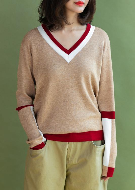 Chunky khaki knit blouse casual v neck sweaters side open