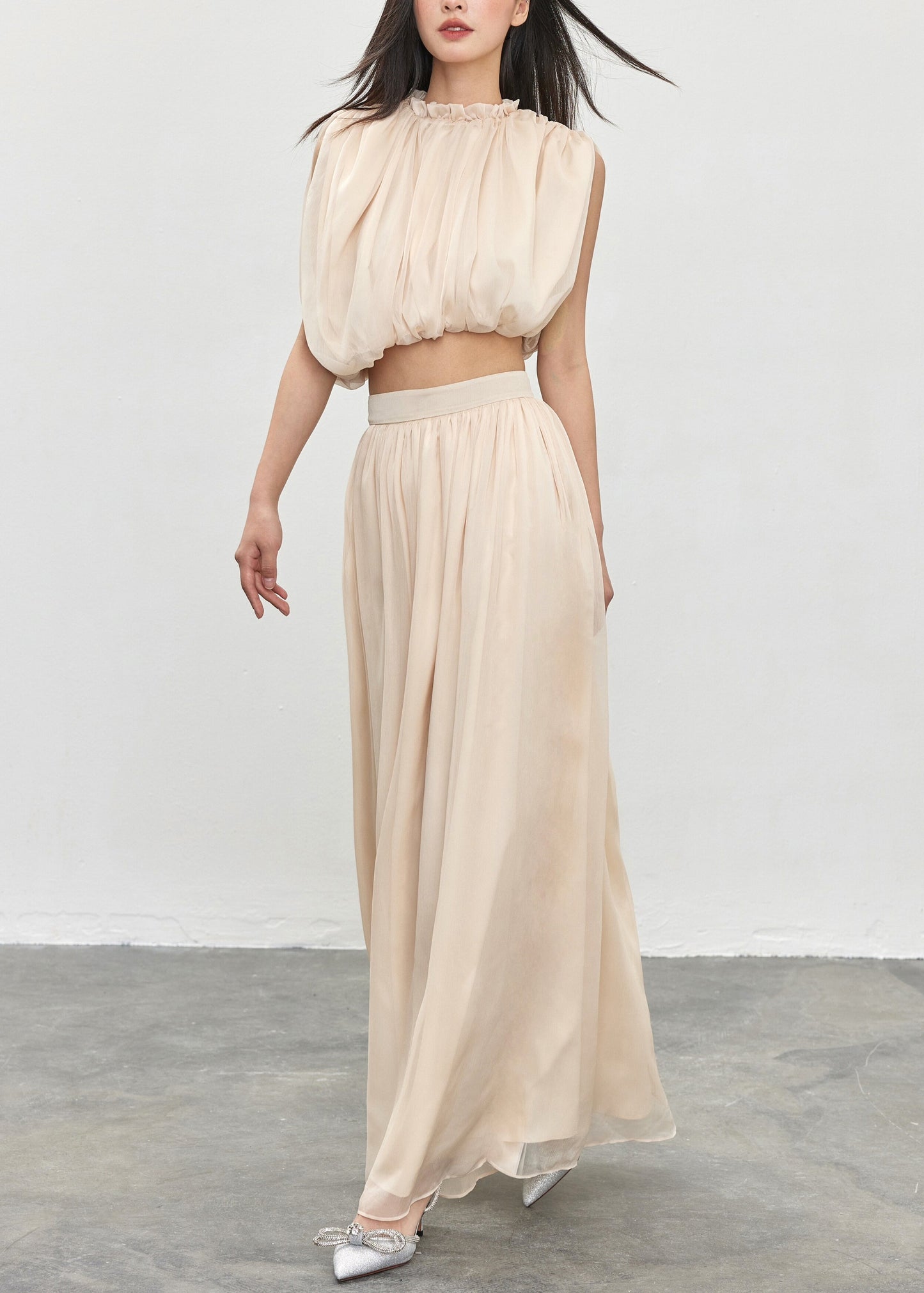Elegant Apricot Ruffled Solid Tops And Skirts Cotton Two Pieces Set Sleeveless