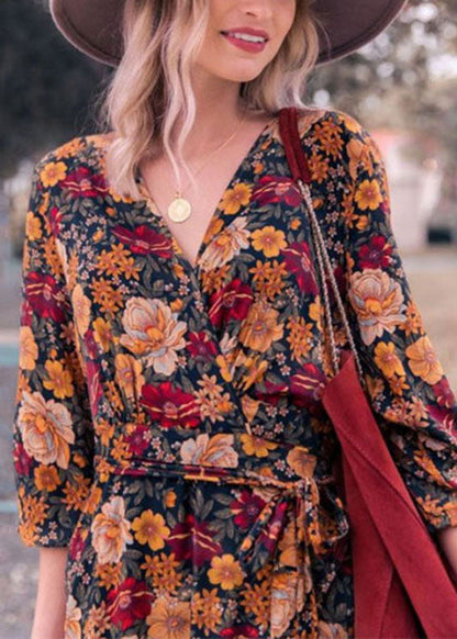 Bohemian V Neck Print Tie Waist Cotton Long Dresses Spring