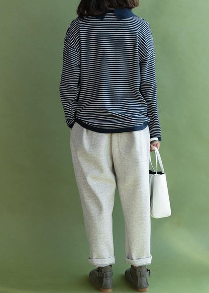 Aesthetic navy striped knitted t shirt lapel collar Loose fitting knitted blouse