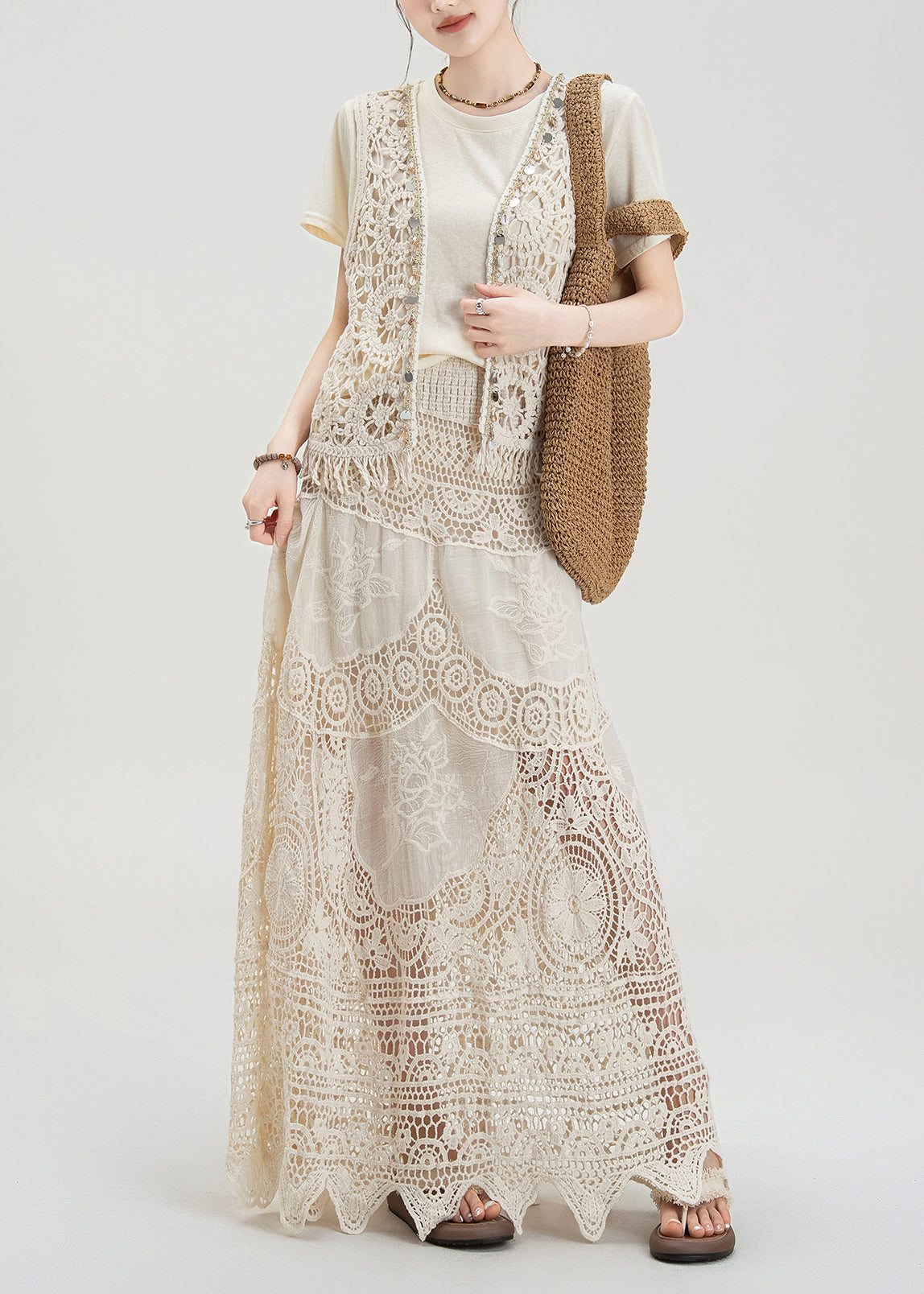 Bohemian Apricot Hollow Hook Flower Vest T-Shirt Skirt Set Summer