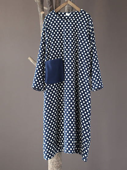 Women Vintage Dot Pocket Loose Thick Dress