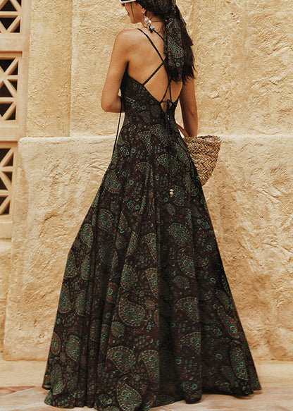 Fashion Green Backless Print Lace Up Chiffon Spaghetti Strap Dress Sleeveless
