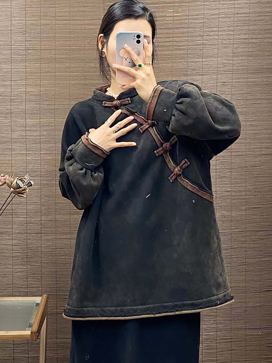 Women Vintage Chinese Button Worn Solid Thick Sweatshirt