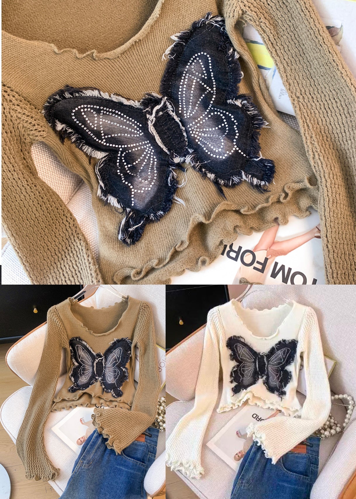 Beautiful White Butterfly Patchwork Knitted Tops Flare Sleeve