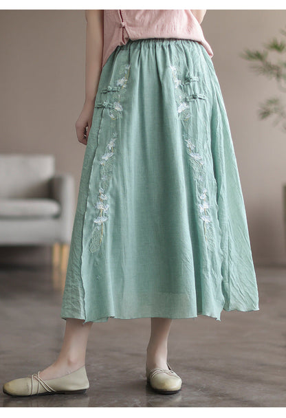 Vintage Double Cotton Linen Embroidered Buckle A-Line Skirt