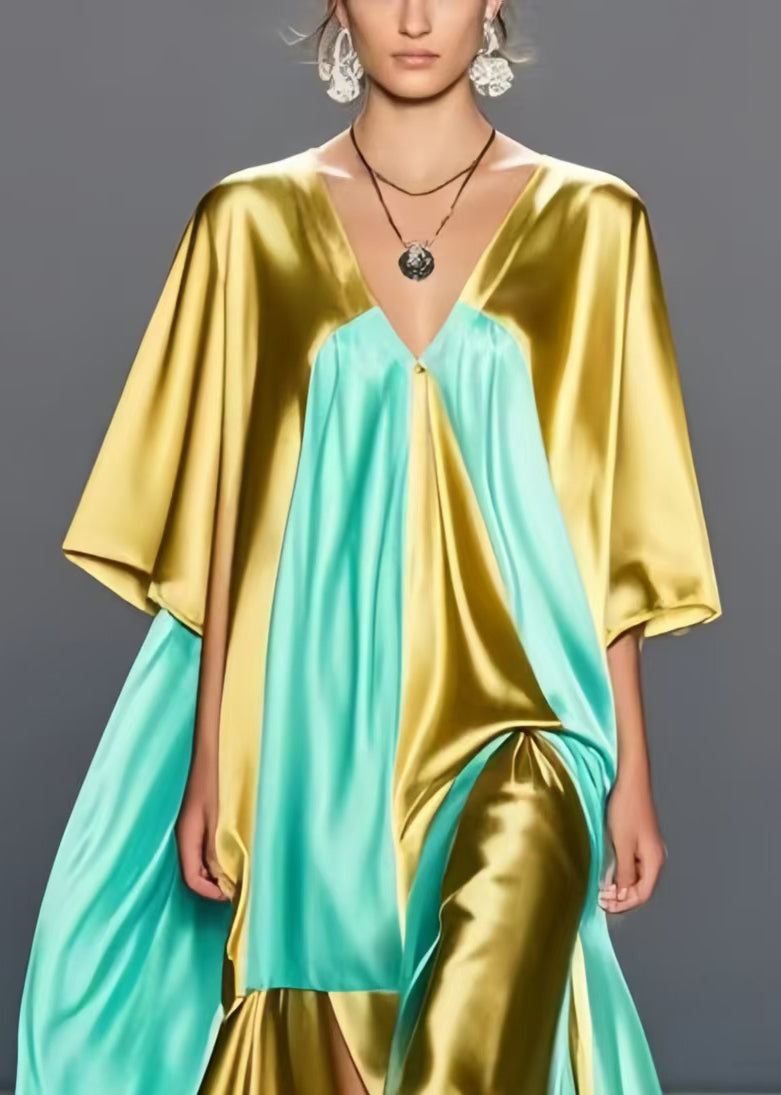 Plus Size Grass Green Asymmetrical Patchwork Silk Maxi Dresses Summer