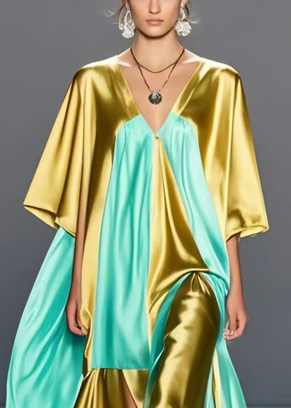 Plus Size Grass Green Asymmetrical Patchwork Silk Maxi Dresses Summer
