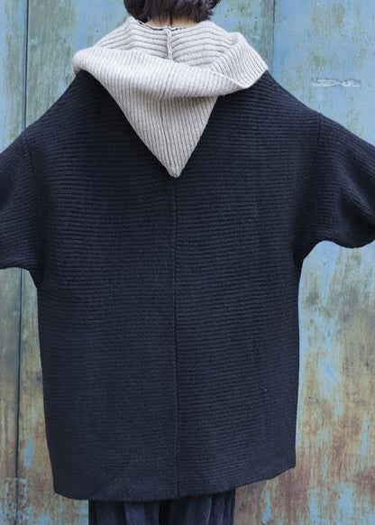 Cute black knitted outwear plus size clothing nude hooded knit sweat tops