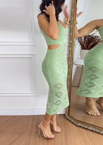 Chic Green Hollow Out Cold Waist Knit Holiday Dress Summer