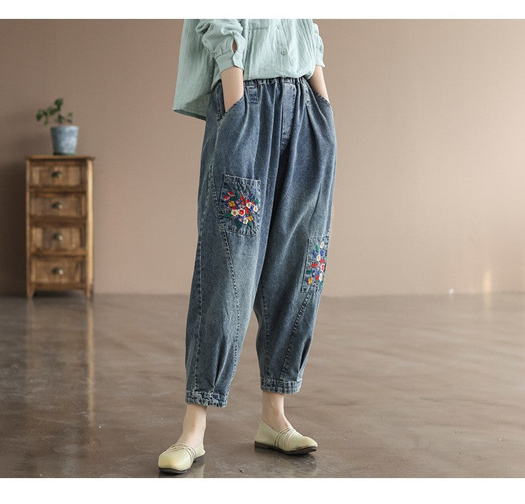 Pocket Embroidery High Waist Literary Retro Nine-point Harem Pants