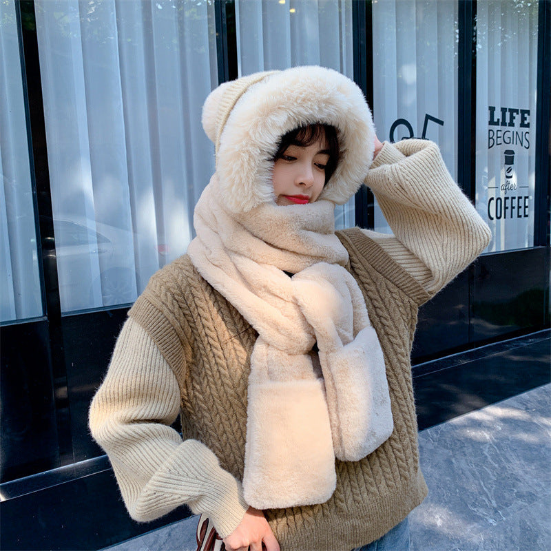 Women Winter Solid Plush Scarf Warm Hat