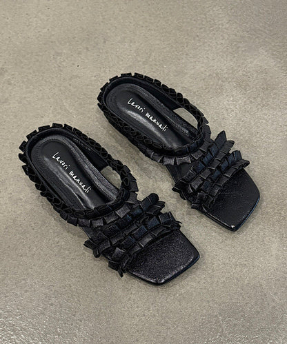 2025 New Black Wrinkled Sheepskin Slide Sandals Peep Toe