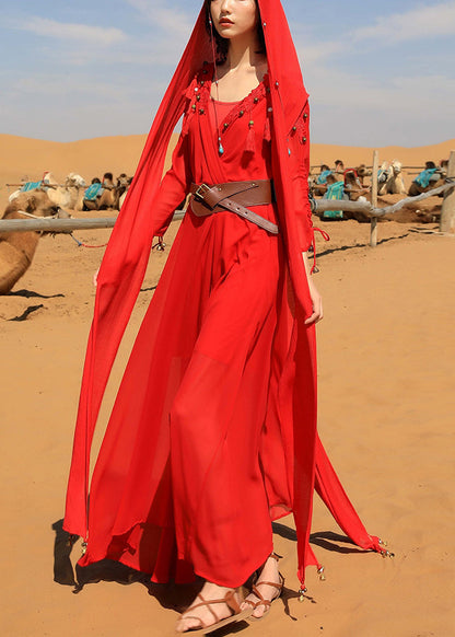 Italian Red V Neck Tasseled Nail Bead Chiffon Maxi Dress Fall