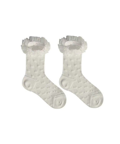 Chic White Ruffled Jacquard Lace Crew Socks