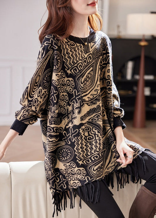 Bohemian RedTassel Patchwork Cotton Knit Sweater Tops Batwing Sleeve