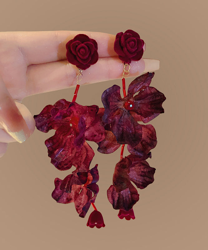 Chic Mulberry Fabric Resin Rose Tassel Drop Earrings
