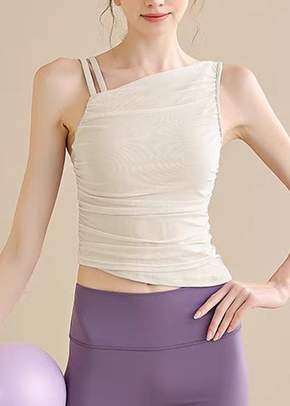 Chic Pink Cold Shoulder Asymmetrical Tulle Yoga Tops Sleeveless