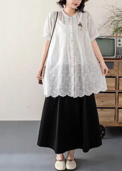 Chic White Embroidered Cotton Long Blouses Summer