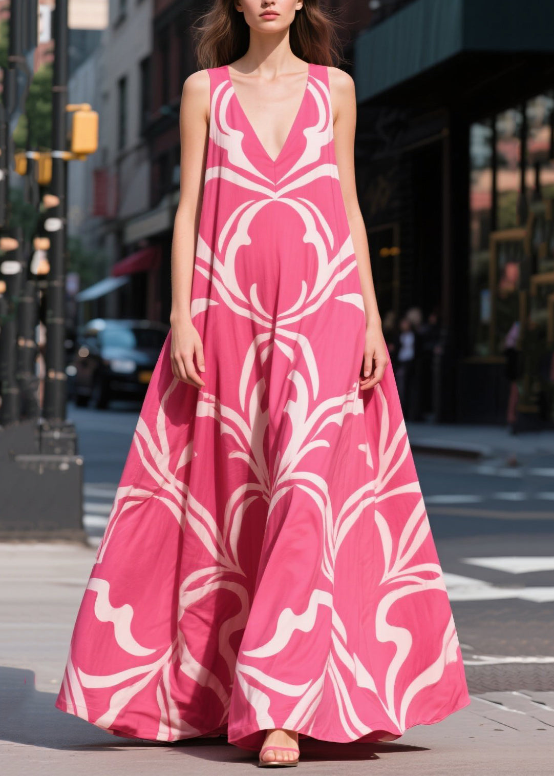 Chic Rose Oversized Print Chiffon Maxi Dresses Summer
