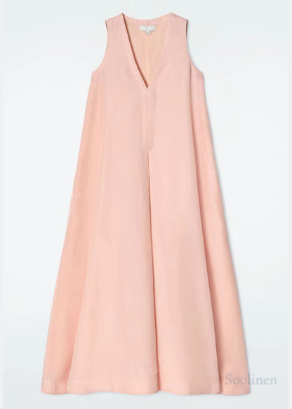 Simple Pink Oversized A Line Dress V Neck Sleeveless