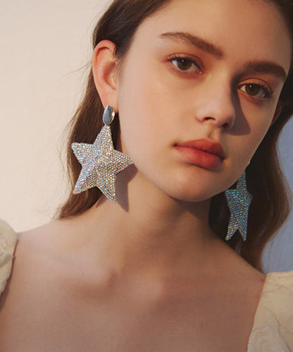 Boho Five Pointed Star Zircon Exaggeration Silver Plated Drop Earrings