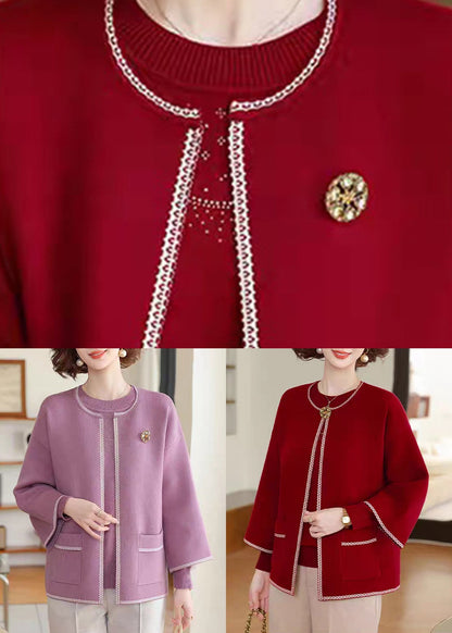 Natural Purple Patchwork Pockets Cotton Knit Cardigans And Sweater Two-Piece Set Fall